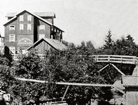 Fram til 1894 var det en lav trebru med sprengverk i A-form. Tatt av flom 1894.