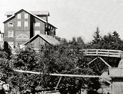 Fram til 1894 var det en lav trebru med sprengverk i A-form. Tatt av flom 1894.