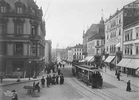 Trikk på Egertorget. Foto: Anders Beer Wilse/Norsk Folkemuseum (1907).
