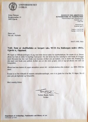 Universitetets Oldsakssamling informasjonsbrev Johan Flottum.jpg