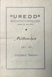 Uredd badmintonklubb medlemskort side 1.