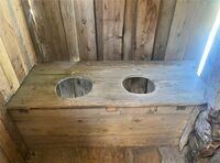 Utedo med dobbelsete i uthus i tidligere småbruk i Veggli i Rollag kommune. Foto: Stig Rune Pedersen (2023)