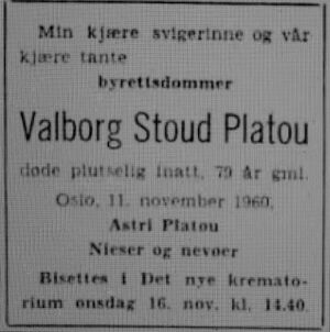 Valborg Stoud Platou dødsannonse Aftenposten 1960.JPG