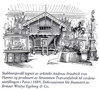 Stabbursprofil tegnet av arkitekt Andreas Friedrich von Hanno og levert av Strømmen Trævarefabrik til Verdensutstillingen i Paris 1889.