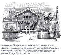 Stabbursprofil tegnet av arkitekt Andreas Friedrich von Hanno og levert av Strømmen Trævarefabrik til Verdensutstillingen i Paris 1889.