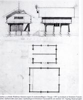 Verdensutstillingen i Chicago 1893. Stabbur tegnet av Waldemar Hansteen. Levert av Strømmen Trævarefabrik, og senere lagt inn som typenr 161 i deres katalog.