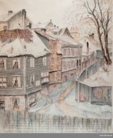 Mor Sæthers hus i nr. 17, til venstre i bildet, Tivolihaven til høyre. Akvarell av Georg Solberg Kulbeck.