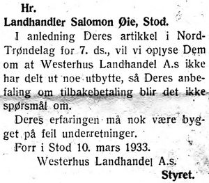 Westerhus Landhandel averterte i Nord-Trøndelag og Nordenfjeldsk Tidende 14.03.33.jpg